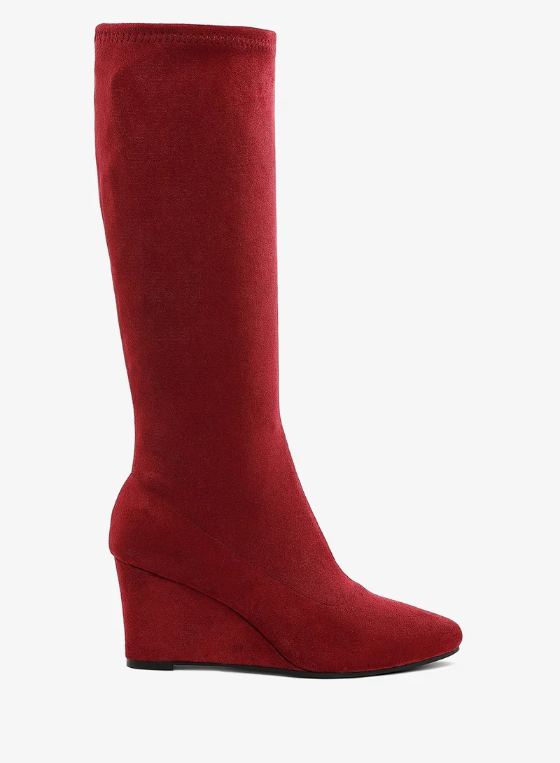 Microfiber Wedge Heel Boots in Dark Red