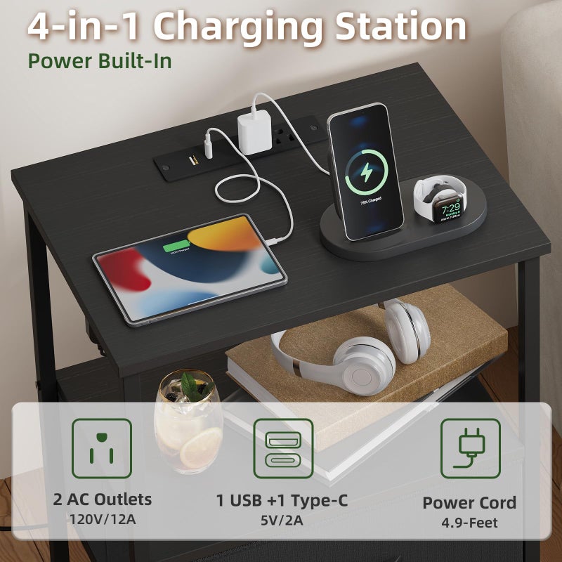 Somdot Nightstand with Charging Station and LED Light for Bedroom, Bedside Table End Table for Dorm Guest Room Bedside Kids Laundry Closet Entryway Hallway, Black - Image 5