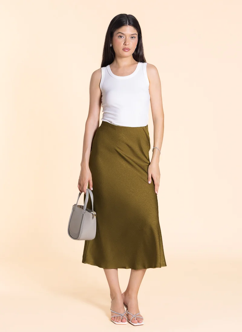 SHAPES TEXTURED MIDI SATIN SKIRT
