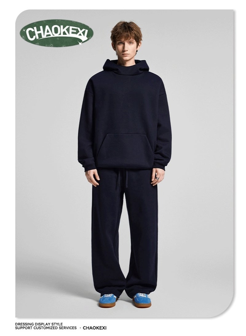 CHAOKEXI American Retro Men's Fleece-Lined Hoodie Set, Autumn/Winter Street Style Loose-fitting Hoodie Two-Piece Set, Sporty Casual High-Neck Warm (Royal Blue) - Image 1