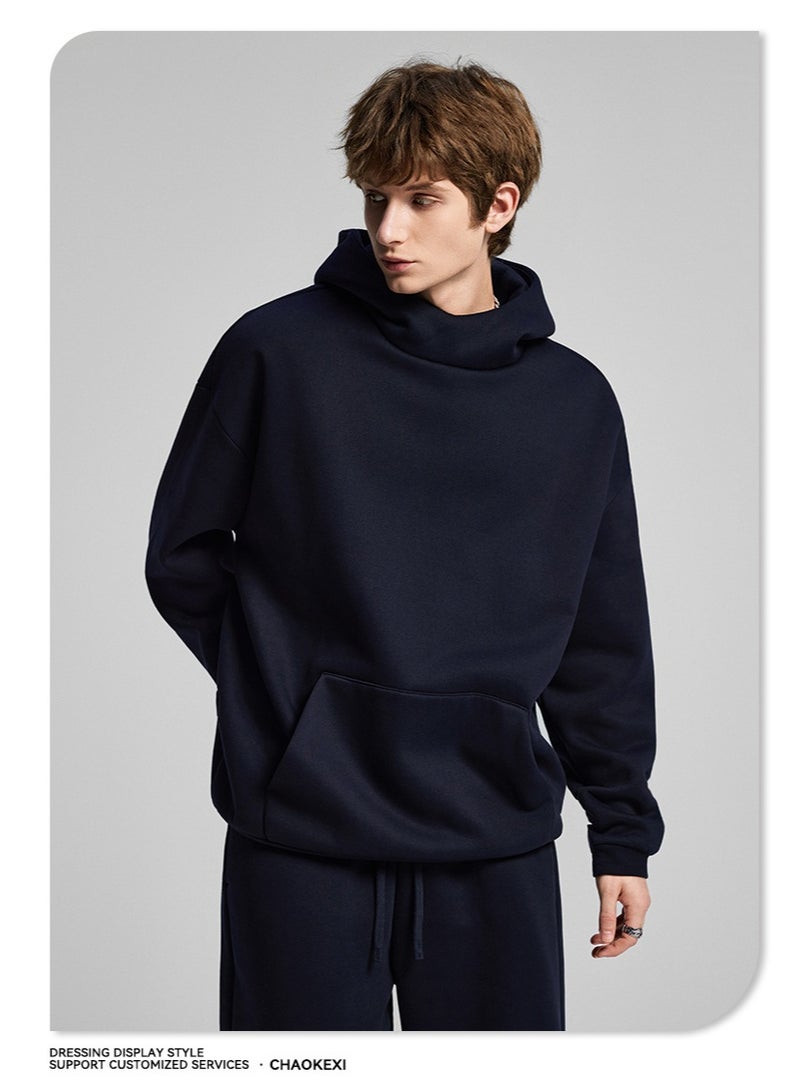 CHAOKEXI American Retro Men's Fleece-Lined Hoodie Set, Autumn/Winter Street Style Loose-fitting Hoodie Two-Piece Set, Sporty Casual High-Neck Warm (Royal Blue) - Image 5
