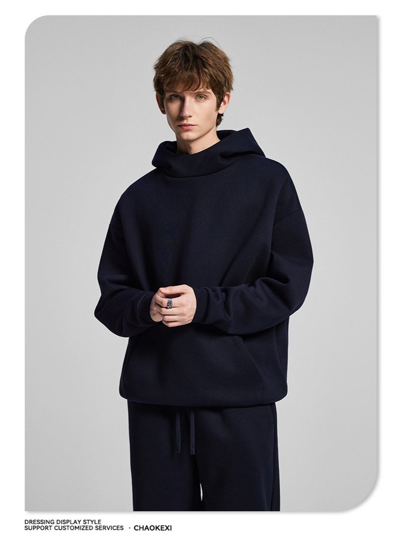 CHAOKEXI American Retro Men's Fleece-Lined Hoodie Set, Autumn/Winter Street Style Loose-fitting Hoodie Two-Piece Set, Sporty Casual High-Neck Warm (Royal Blue) - Image 4