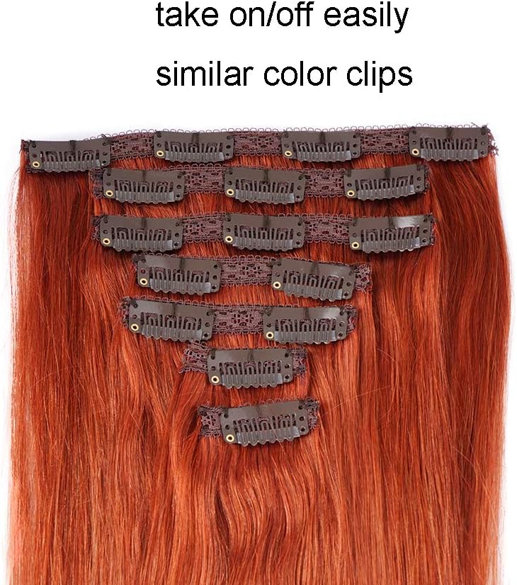 FAAAL 14" Clip in Human Hair Extensions Full Head 110g 7 Pieces 16 Clips Copper Red Double Weft Brazilian Real Remy Hair Extensions Thick Straight Silky (14" 110g, 350) - Image 5