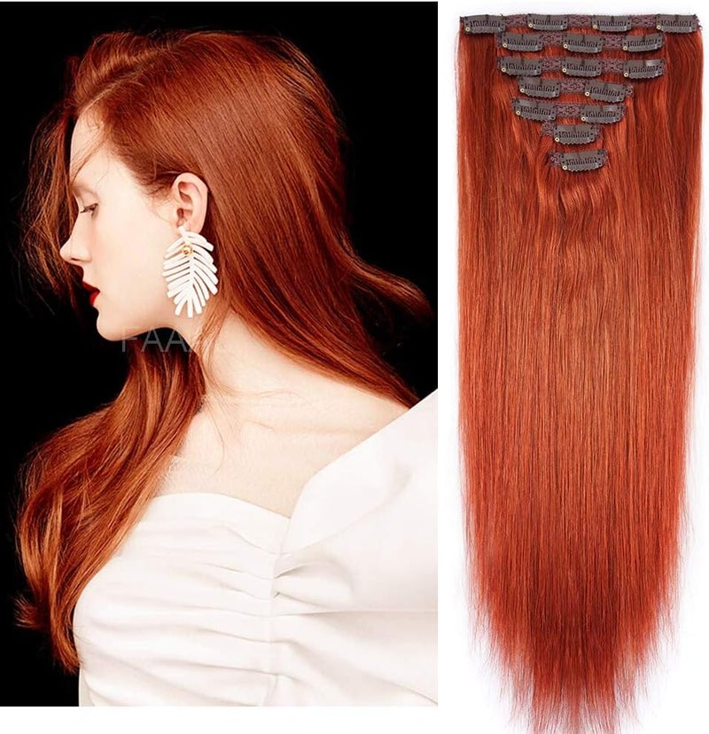 FAAAL 14" Clip in Human Hair Extensions Full Head 110g 7 Pieces 16 Clips Copper Red Double Weft Brazilian Real Remy Hair Extensions Thick Straight Silky (14" 110g, 350) - Image 1