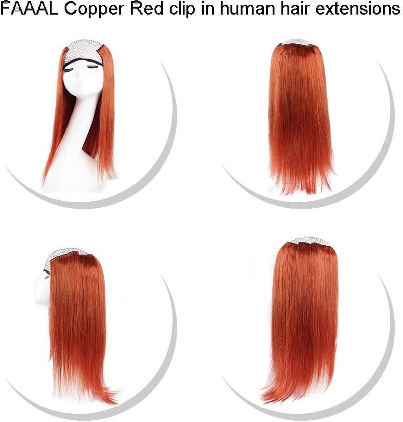 FAAAL 14" Clip in Human Hair Extensions Full Head 110g 7 Pieces 16 Clips Copper Red Double Weft Brazilian Real Remy Hair Extensions Thick Straight Silky (14" 110g, 350) - Image 2
