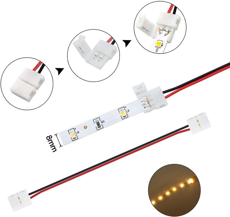 LightingWill 10pcs/Pack Strip to Strip with Wire Solderless Snap Down 2Pin Conductor LED Strip Connector for 8mm Wide 3528 2835 Single Color Flex LED Strips - Image 2