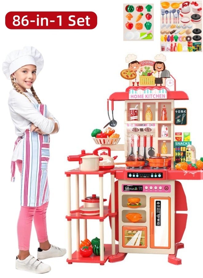 86Pcs Kitchen Toy Set, Kitchen Pretend Play Toy Set Role Play Cookware Kitchen Playset Kitchen Accessories Toys Cooking Stove Steam with Realistic Lights, Sounds & Steam for Boys & Girls (Pink)  - Image 1