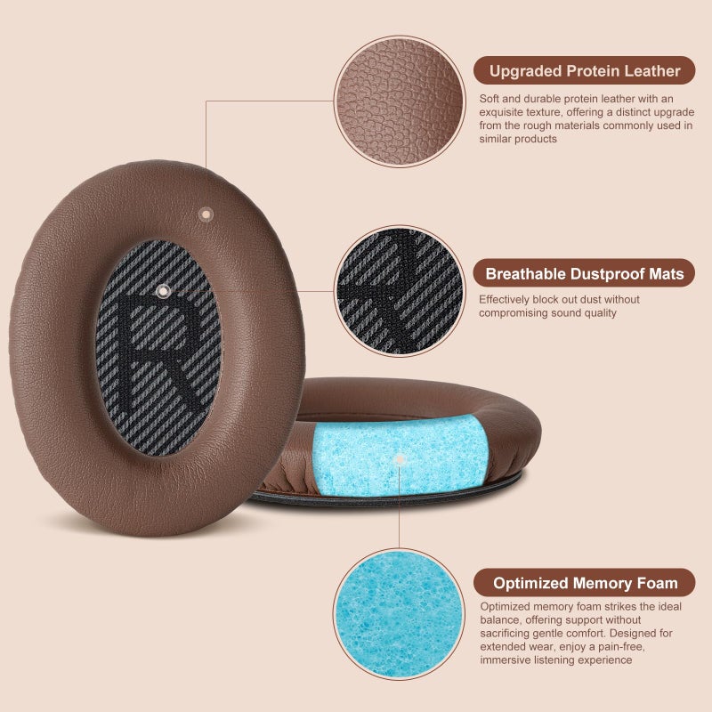 Aurivor Replacement Ear-Pads Cushions for Bose QuietComfort QC 35 35ii 25 15 2 Headphones, Ear Covers for QC35 QC35-ii QC25 QC15 QC2 SoundLink SoundTrue Around-Ear II AE2 Headphones (Coffee-Black) - Image 3