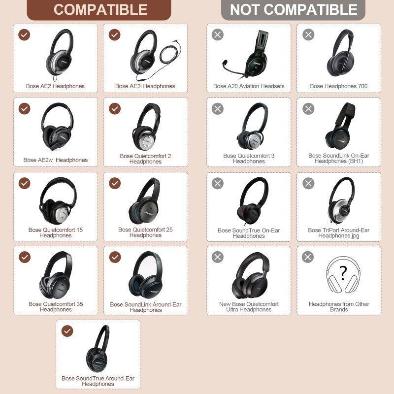 Aurivor Replacement Ear-Pads Cushions for Bose QuietComfort QC 35 35ii 25 15 2 Headphones, Ear Covers for QC35 QC35-ii QC25 QC15 QC2 SoundLink SoundTrue Around-Ear II AE2 Headphones (Coffee-Black) - Image 2