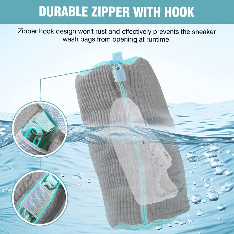 Gripooaven Shoe Washing Machine Bag, Shoe Laundry Bag for Washer and Dryer, Include Dry Net Bag, Reusable and Durable Zipper with Hook Design, Shoe Washing Bag for Sneaker (Gray, 2 Pack) - Image 4