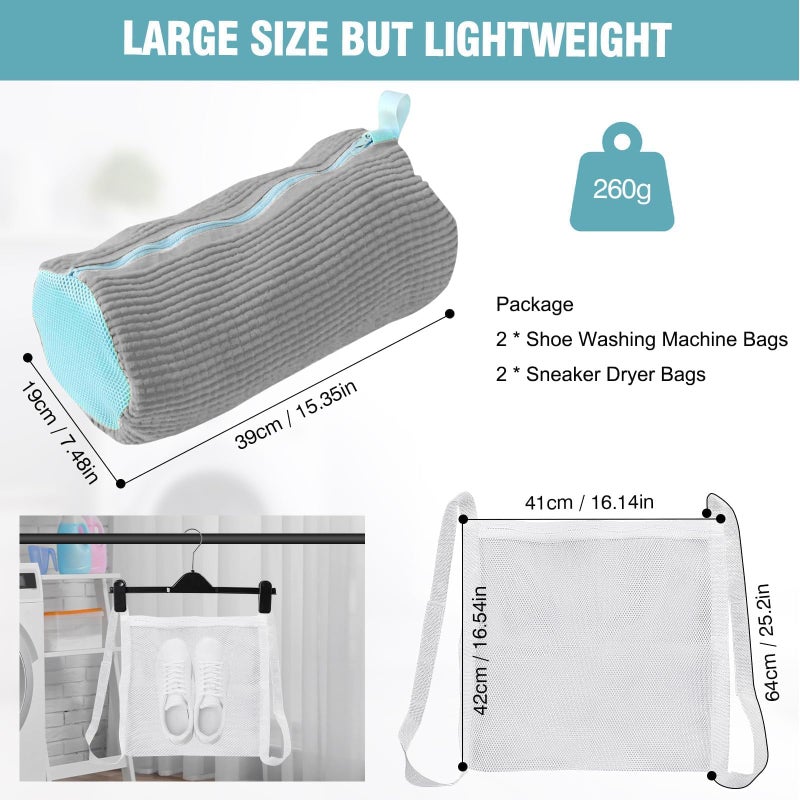 Gripooaven Shoe Washing Machine Bag, Shoe Laundry Bag for Washer and Dryer, Include Dry Net Bag, Reusable and Durable Zipper with Hook Design, Shoe Washing Bag for Sneaker (Gray, 2 Pack) - Image 2