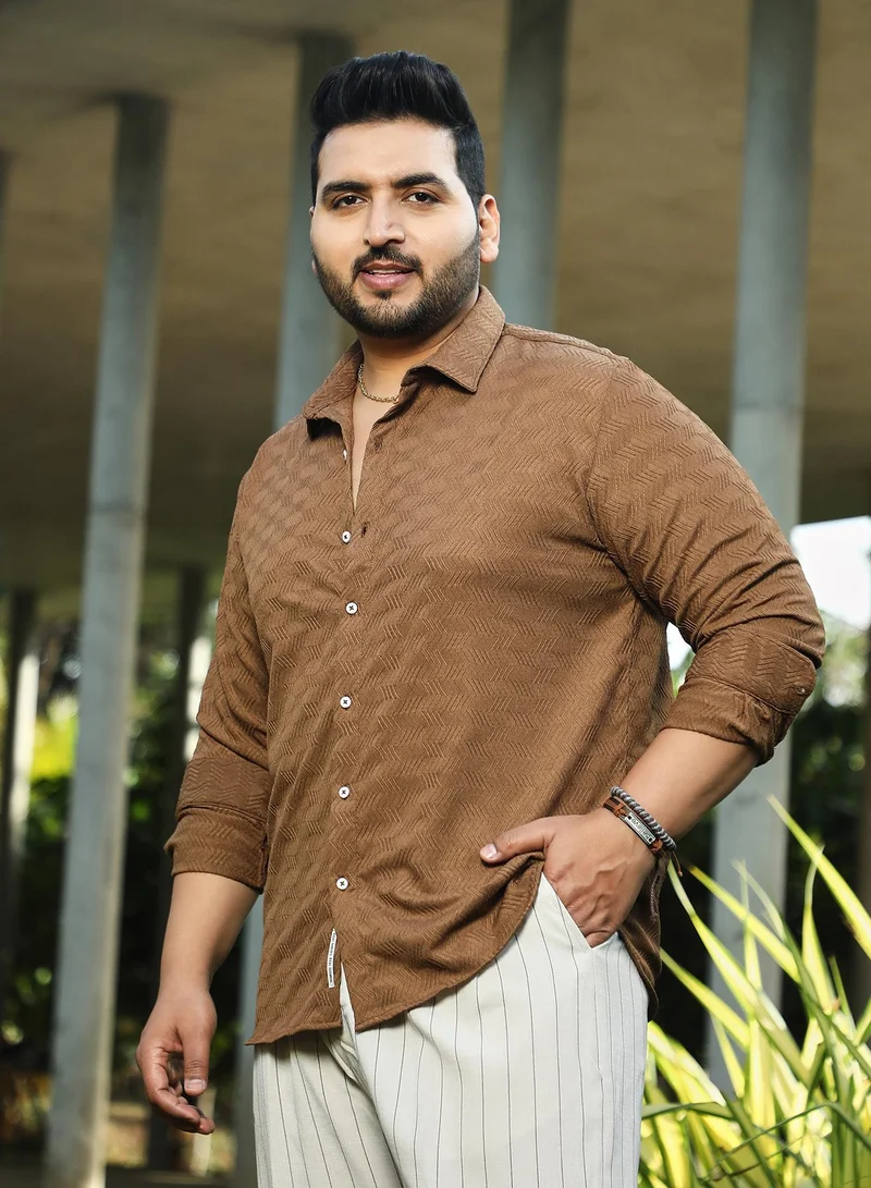 Instafab Plus Instafab Plus Men's Tan Brown Chevron-Tactile Shirt For Casual Wear | Spread Collar | Long Cuffed Sleeves | Button Closure | Plus Size Shirt Crafted With Comfort Fit For Everyday Wear