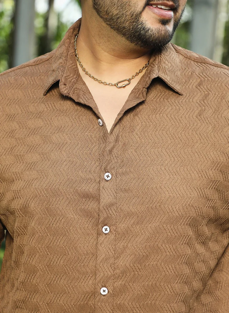 Instafab Plus Instafab Plus Men's Tan Brown Chevron-Tactile Shirt For Casual Wear | Spread Collar | Long Cuffed Sleeves | Button Closure | Plus Size Shirt Crafted With Comfort Fit For Everyday Wear