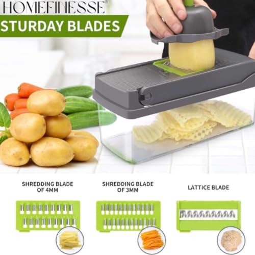 HOMEFINESSE Vegetable Chopper, 16-in-1 Multifunctional Food Chopper, 8 Blades Vegetable Slicer, Onion Chopper Vegetable Cutter & Adjustable Veggie Slicer, Potato Dicer Chopper, Container for Salad Garlic | Grey - Image 2