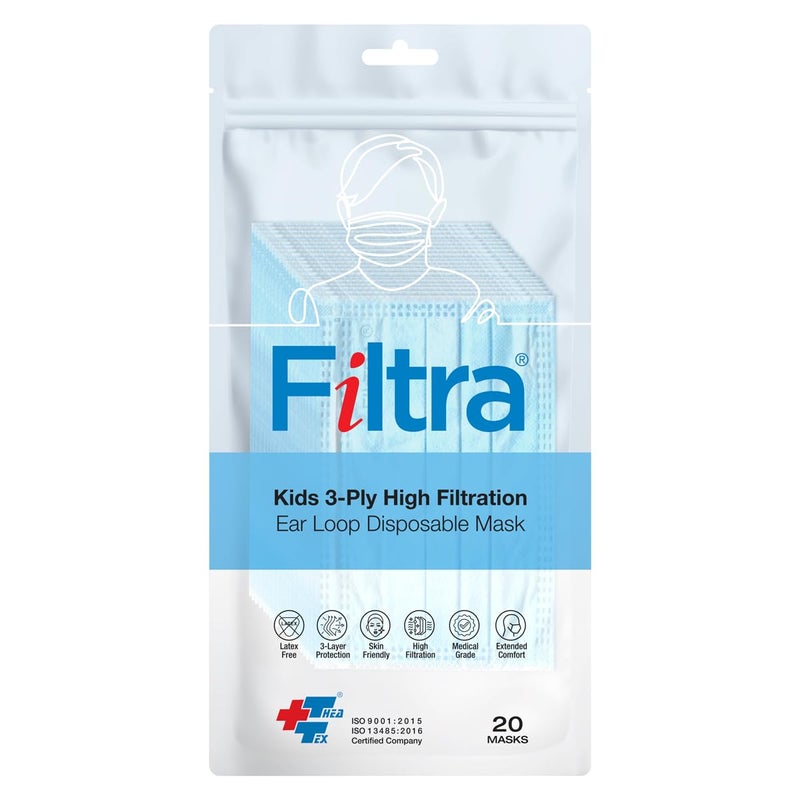 Filtra ® 3-Ply Ear Loop Kids Mask | Ages 3-18 | Kids Mask | Children's Mask | Ladies Mask | High Filtration | New extra tough courier packing | Travel Zip Lock Pouch of 20 Masks - Image 1