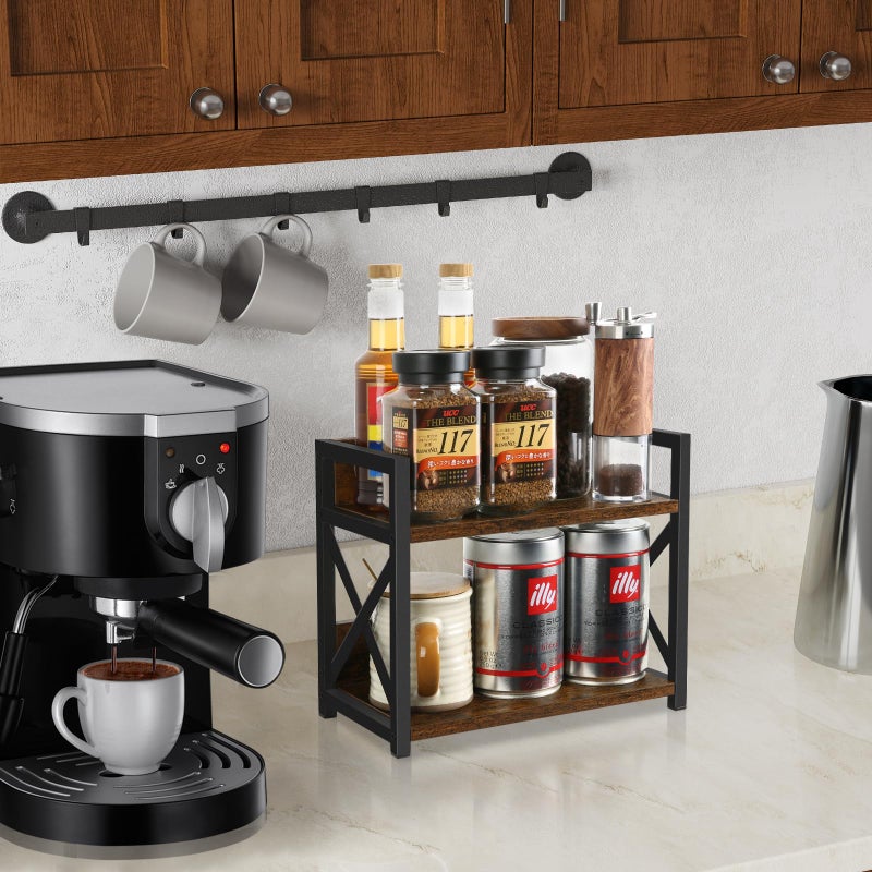 YINMIT Countertop Shelf Organizer,Coffee Bar Accessories,Spice Rack,Coffee Counter Shelf,2 Tier Coffee Organizer Station for Mugs,Cups,Cream,Syrup(Rustic Brown, Small) - Image 2