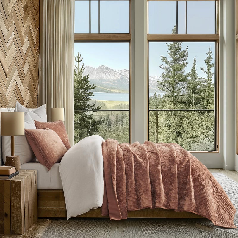 EVERGRACE Velvet Quilt Set Queen Size, Luxurious Soft Quilted Bedding Sets, Lightweight Velvet Comforter for All Season, Striped Channel Bedspread Coverlet with 2 Shams, Terracotta Clay - Image 3