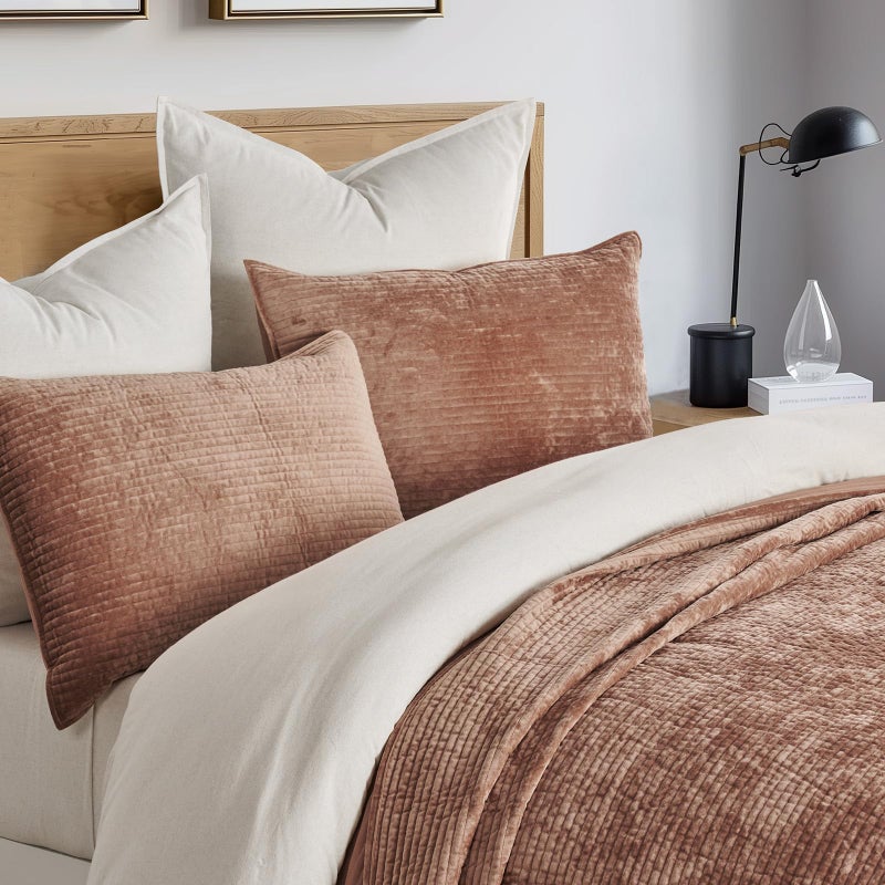 EVERGRACE Velvet Quilt Set Queen Size, Luxurious Soft Quilted Bedding Sets, Lightweight Velvet Comforter for All Season, Striped Channel Bedspread Coverlet with 2 Shams, Terracotta Clay - Image 2