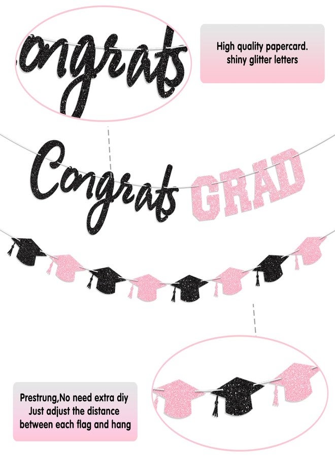 Blopee Prestrung Congrats Grad Banner Pink Black Graduation Banner for Graduation Decorations Class of 2026 Congratulations Grad Party Decor - Image 3