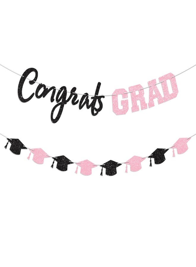 Blopee Prestrung Congrats Grad Banner Pink Black Graduation Banner for Graduation Decorations Class of 2026 Congratulations Grad Party Decor - Image 1
