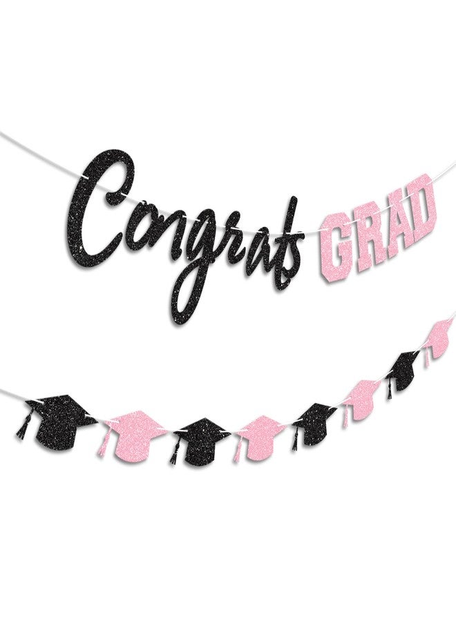 Blopee Prestrung Congrats Grad Banner Pink Black Graduation Banner for Graduation Decorations Class of 2026 Congratulations Grad Party Decor - Image 2