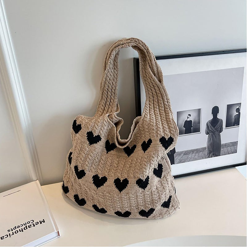 Gaudiwel Knitted Shoulder Tote Bag Large Crochet Beach Bag Hobo Bag Aesthetic Tote Handbags for Women(khaki(black heart)) - Image 4