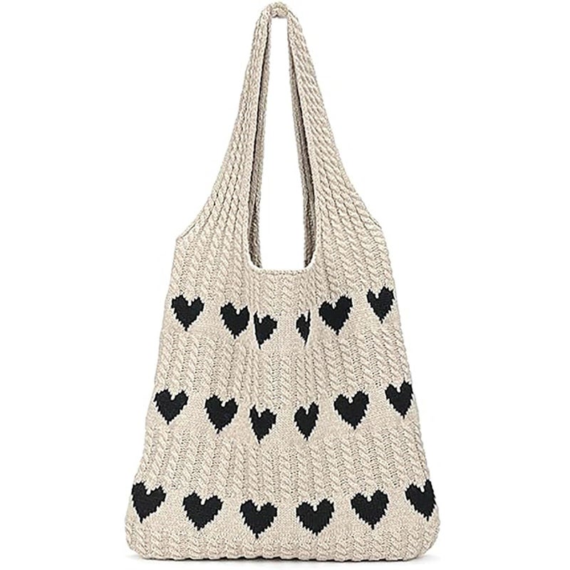 Gaudiwel Knitted Shoulder Tote Bag Large Crochet Beach Bag Hobo Bag Aesthetic Tote Handbags for Women(khaki(black heart)) - Image 1