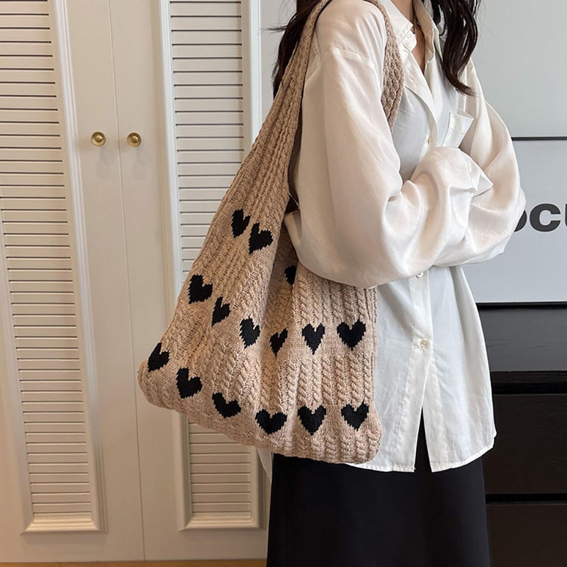 Gaudiwel Knitted Shoulder Tote Bag Large Crochet Beach Bag Hobo Bag Aesthetic Tote Handbags for Women(khaki(black heart)) - Image 3