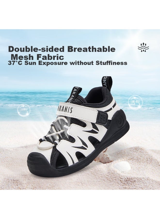 Taranis Baby Walking Shoes, Hollow Sandals For Boys, Closed-toe Anti-collision, Shock-absorbing Infant Toddler Shoes, White/black, Size 22