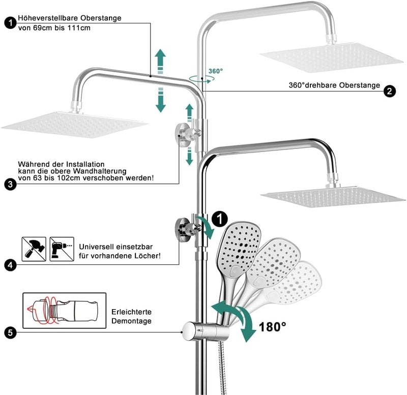 KSA market compliant quality Görbach Shower Riser Rail with Shower Holder Bracket and Shower Bar in 304 SUS Adjustable Height Bathroom Shower Set System with Shower Head Height and Angle Adjustable in SUS 20x20cm. Cost saving user oriented build - Image 5