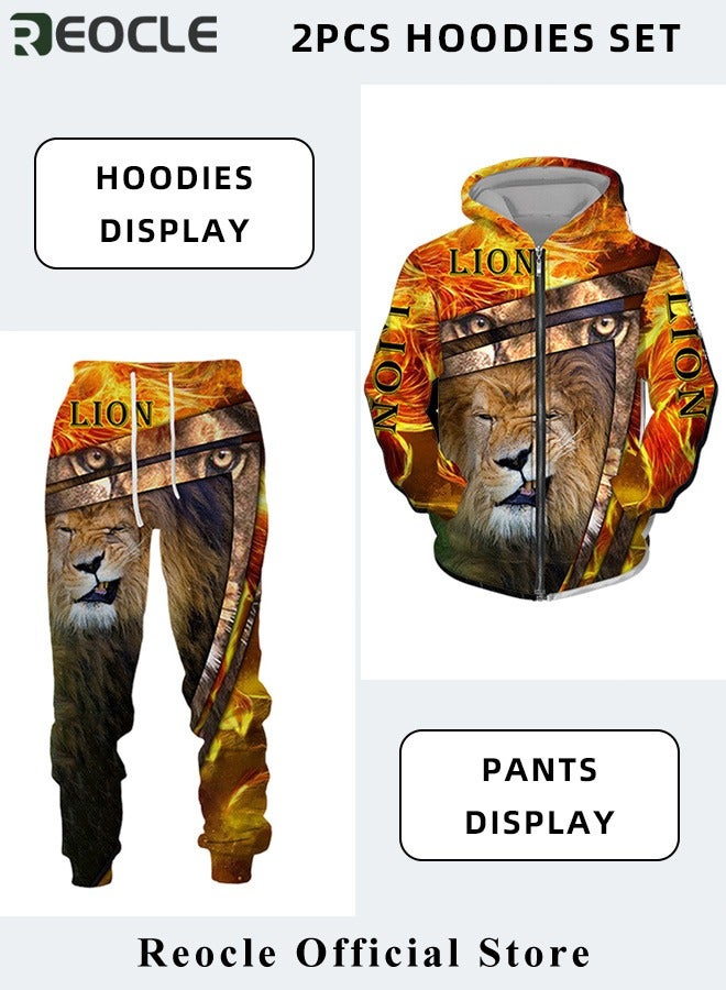 ريوكل طقم هودي رجالي مكون من قطعتين، سويت شيرت، بقلنسوة بأكمام طويلة، مطبوع ثلاثي الأبعاد، مع سحاب، بنطال رياضي، بدلة كاجوال - Image 3