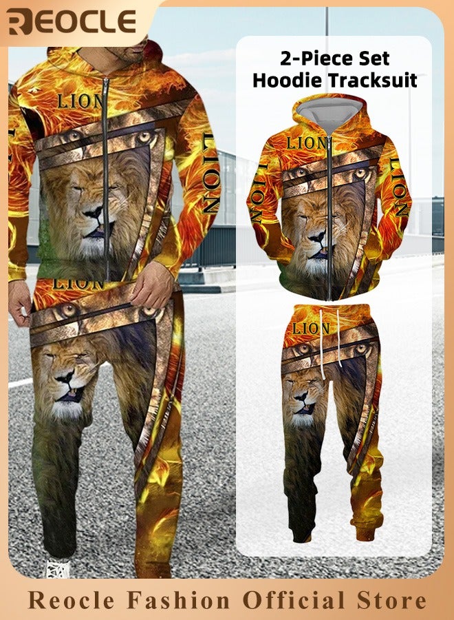 ريوكل طقم هودي رجالي مكون من قطعتين، سويت شيرت، بقلنسوة بأكمام طويلة، مطبوع ثلاثي الأبعاد، مع سحاب، بنطال رياضي، بدلة كاجوال - Image 1