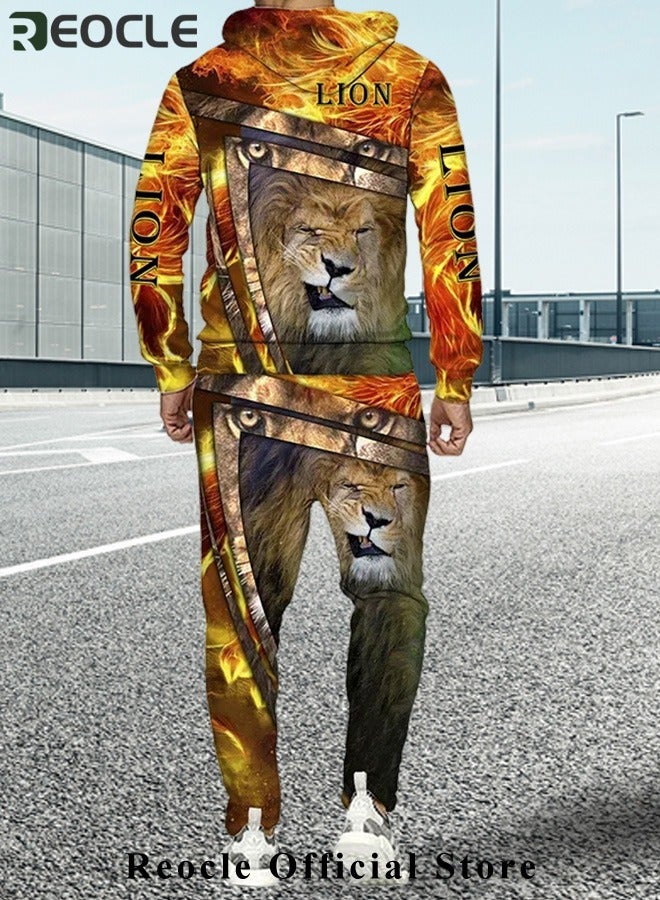 ريوكل طقم هودي رجالي مكون من قطعتين، سويت شيرت، بقلنسوة بأكمام طويلة، مطبوع ثلاثي الأبعاد، مع سحاب، بنطال رياضي، بدلة كاجوال - Image 2