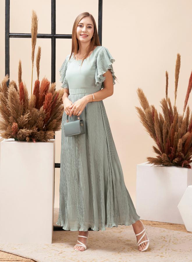 Mish Accordian Pleated Maxi Dress with Flutter Sleeve by Styli  - Image 1