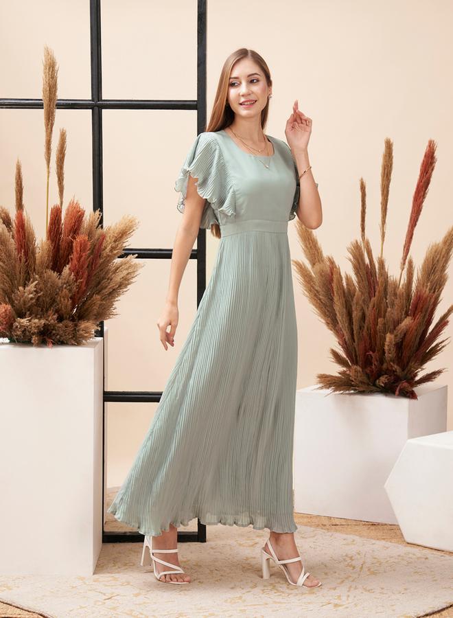 Mish Accordian Pleated Maxi Dress with Flutter Sleeve by Styli  - Image 3