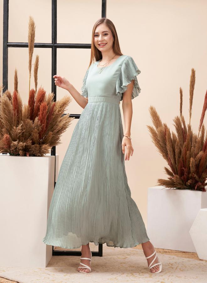 Mish Accordian Pleated Maxi Dress with Flutter Sleeve by Styli  - Image 2