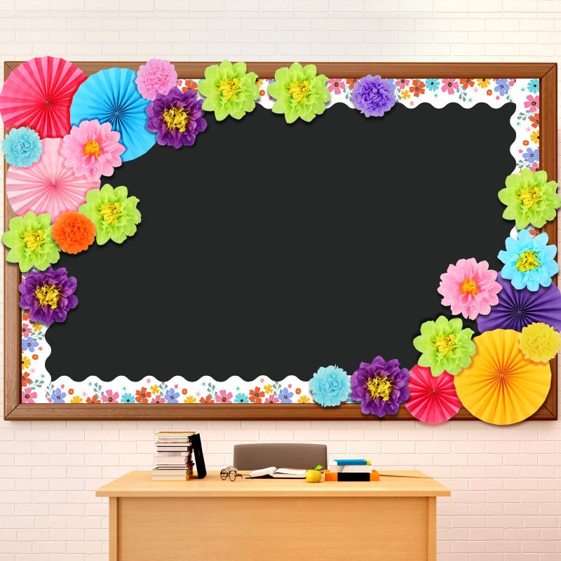 Supervitae 46 Pcs Spring Bulletin Board Decorations Spring Flowers Classroom Bulletin Board Border with Paper Fans Tissue Paper Flowers for Classroom Blackboard Home Wall Decorations - Image 1