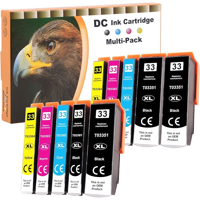 D&C 10 × خراطيش طابعة متوافقة مع 33 33XL لإصدار Expression Premium XP-530 XP-540 XP-630 XP-635 XP-640 XP-645 XP-830 XP-900 XP-7100 (3 أسود 1 صورة أسود 2 سماوي 2 ماجنتا 2 أصفر)