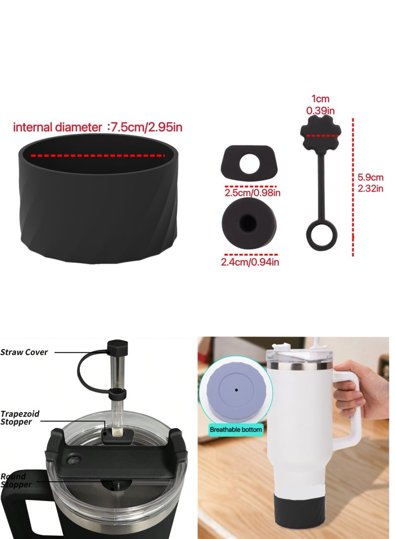4PCS (Black) ,40oz Silicone Accessories Set,Spill-Proof Stopper(1Pcs), Straw Lids Straw Topper(1Pcs), Silicone Boot(1Pcs),Water Bottle Lower Bumper Protection Cover(1Pcs)  - Image 1