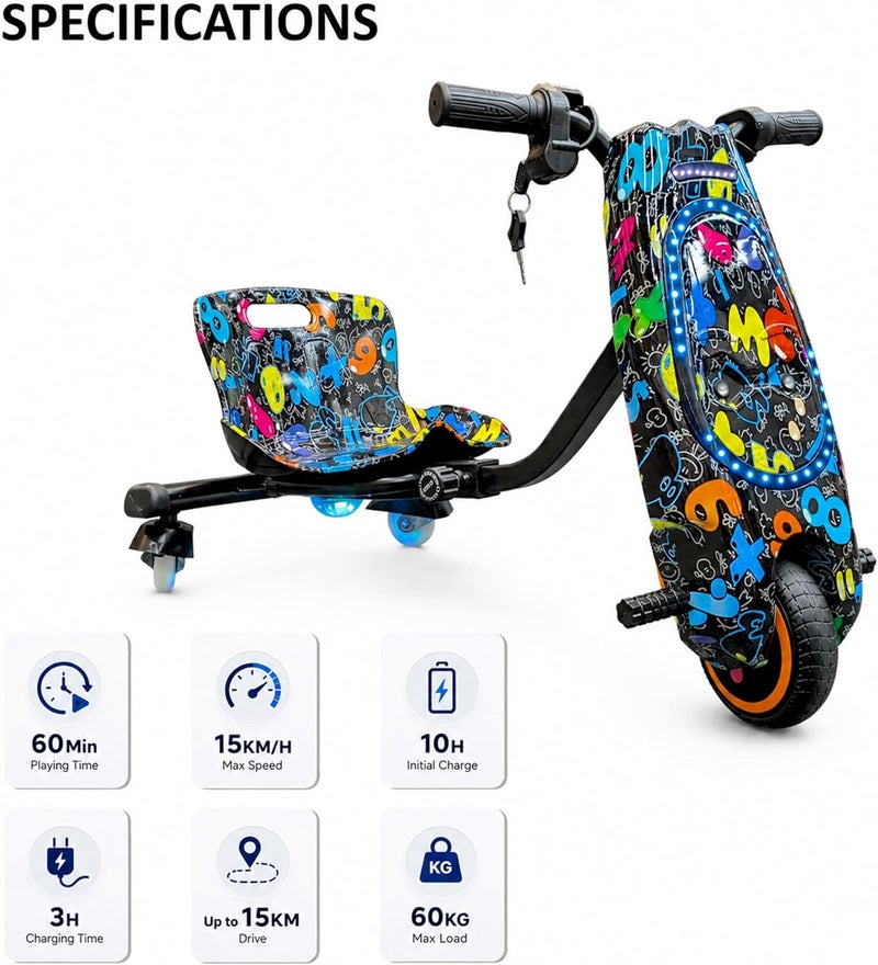 MyToys 36V Electric Drift Scooter for Kids Ages 4+ 250W Brushless Motor Ride-On Tricycle with Bluetooth Speaker and LED Lights - Image 2