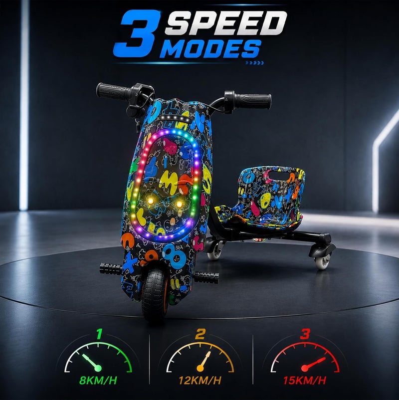 MyToys 36V Electric Drift Scooter for Kids Ages 4+ 250W Brushless Motor Ride-On Tricycle with Bluetooth Speaker and LED Lights - Image 4