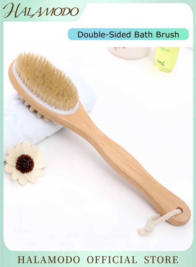 HALAMODO Back Scrubber Rubber Wood Double-Sided Bath Brush Long Handle Anti Slip Bath Brush for Shower & Exfoliating & Massage - Image 1