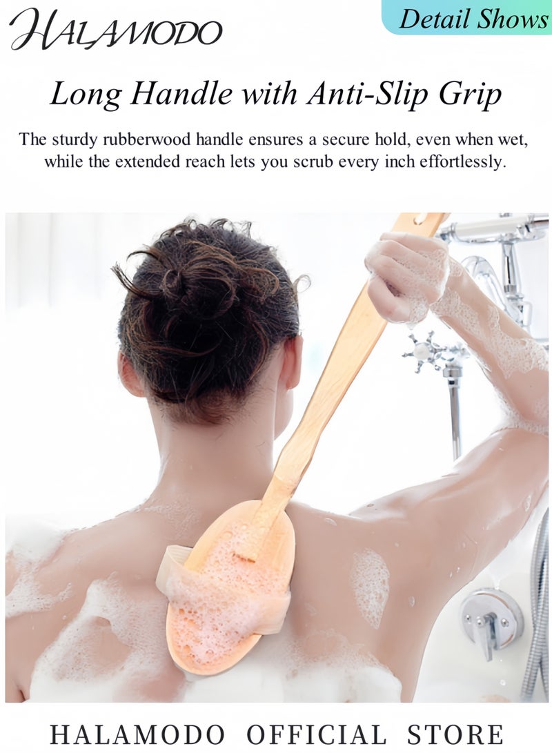 HALAMODO Back Scrubber Rubber Wood Double-Sided Bath Brush Long Handle Anti Slip Bath Brush for Shower & Exfoliating & Massage - Image 5