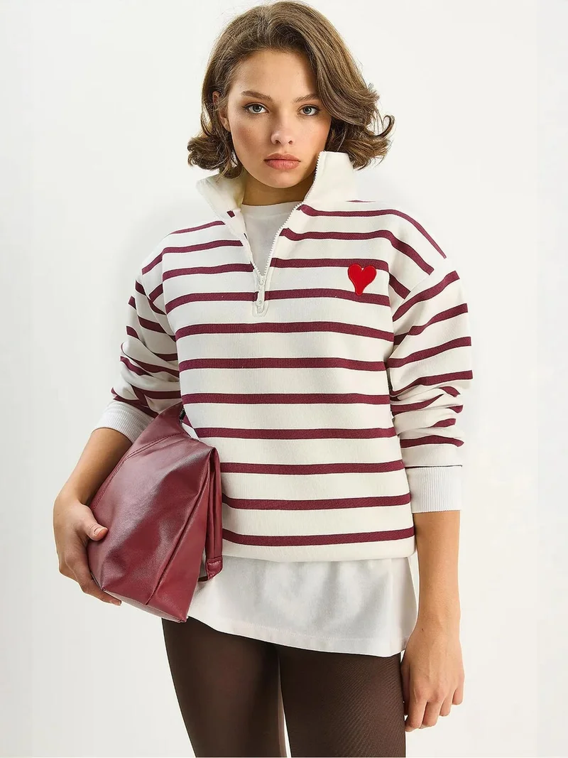 Bianco Lucci LUCCI Striped Zipper Collar Embroidered Sweatshirt