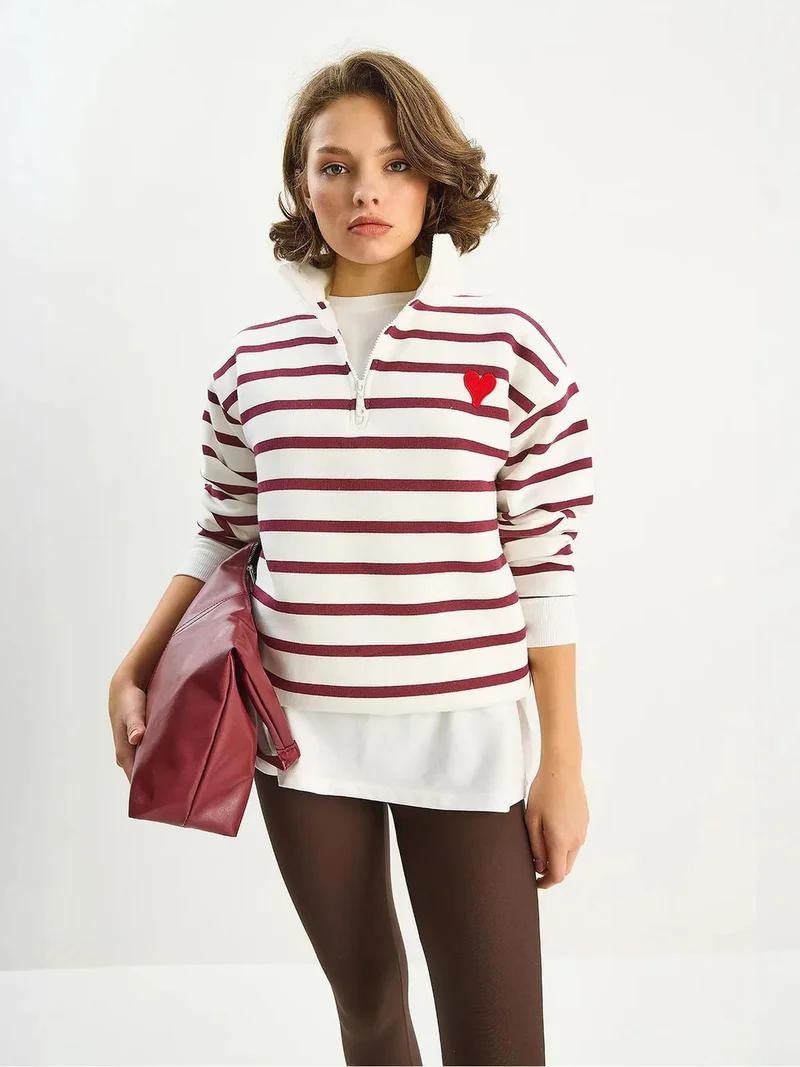 Bianco Lucci LUCCI Striped Zipper Collar Embroidered Sweatshirt
