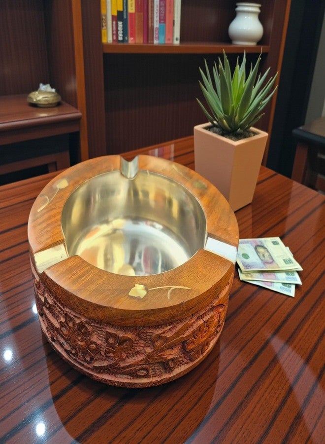Craftland Handmade Wooden Round And Carved Ashtray With Steel Lid For Home Bar Office Car Table And Gifts - Image 3