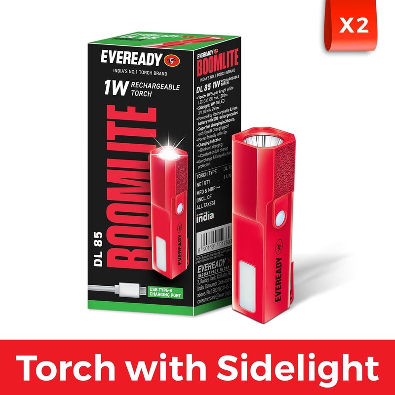 Eveready Eveready Boomlite Rechargeable TorchDL854 Lighting Modes1W Torch 2W Emergency Side LightECT Technology with Micro USB Charging CableRed Yellow Blue Black LED 120 Lumen - Image 2