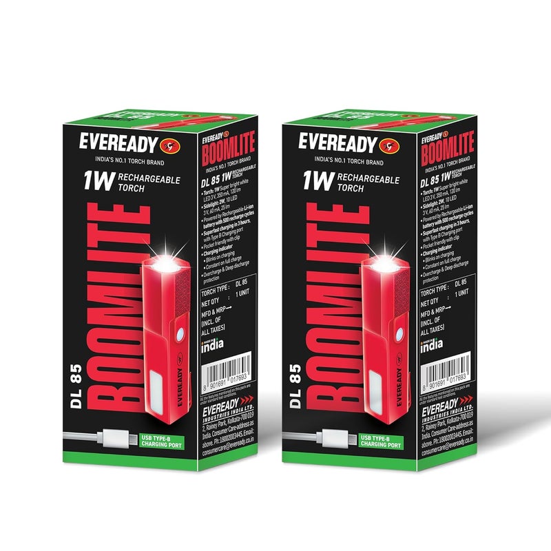 Eveready Eveready Boomlite Rechargeable TorchDL854 Lighting Modes1W Torch 2W Emergency Side LightECT Technology with Micro USB Charging CableRed Yellow Blue Black LED 120 Lumen - Image 1