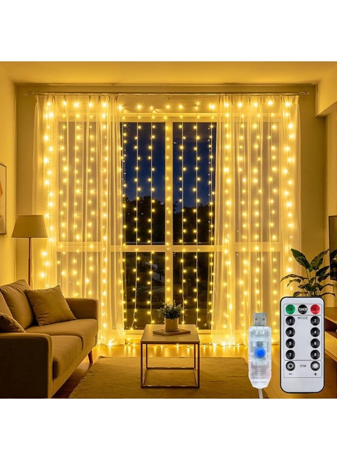 Hugifts USB Remote Control LED Curtain String Lights, 300 LEDs 9.8×9.8ft, 8 Lighting Modes with Timer, IP44 Waterproof Warm White for Bedroom Wedding Party Decoration - Image 1