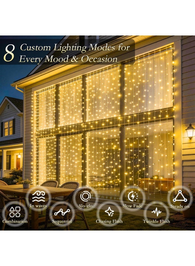 Hugifts USB Remote Control LED Curtain String Lights, 300 LEDs 9.8×9.8ft, 8 Lighting Modes with Timer, IP44 Waterproof Warm White for Bedroom Wedding Party Decoration - Image 3
